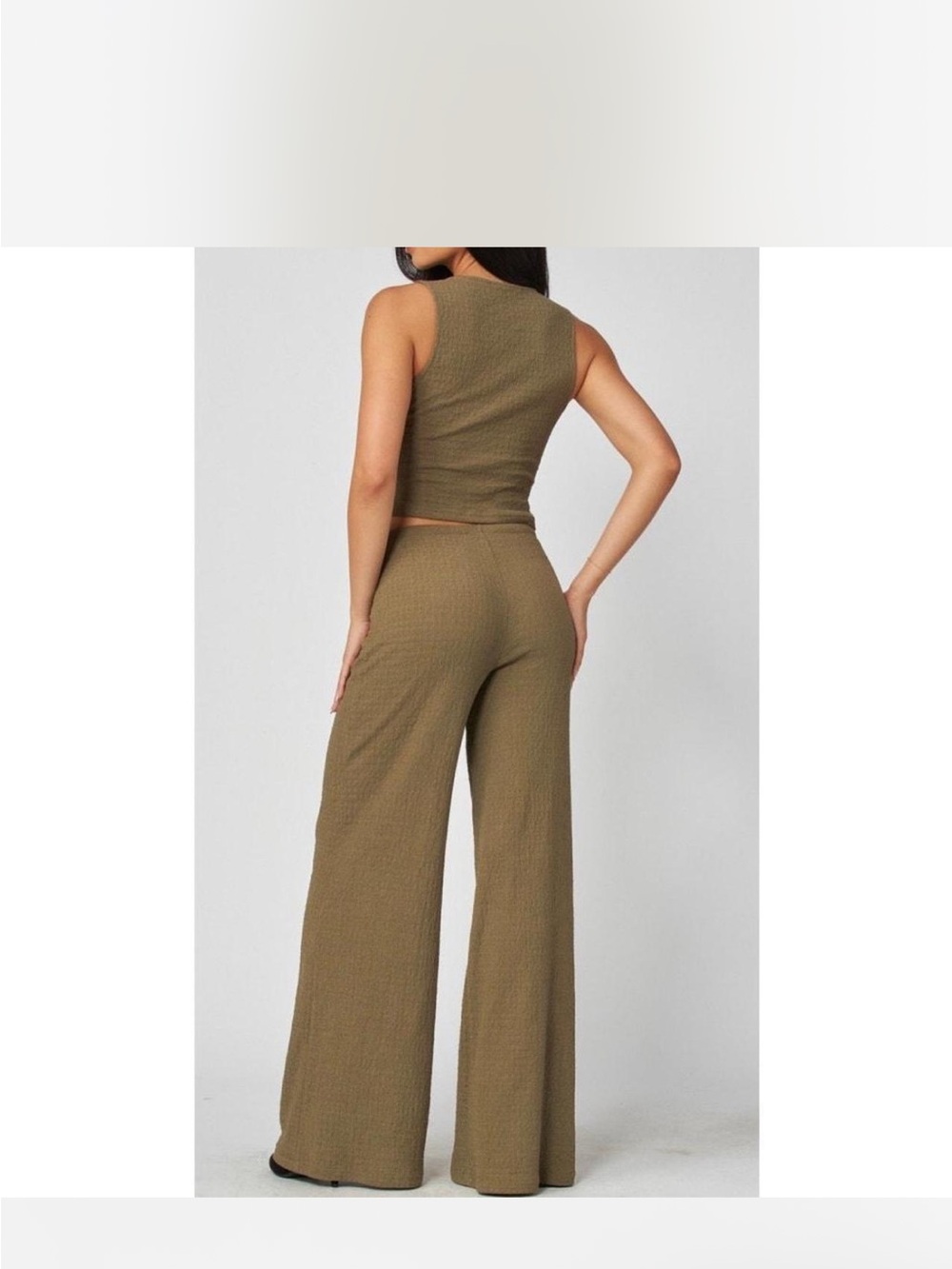 Olive Textured Wide-Leg Pants & Button Vest Set - Picture 3 of 3